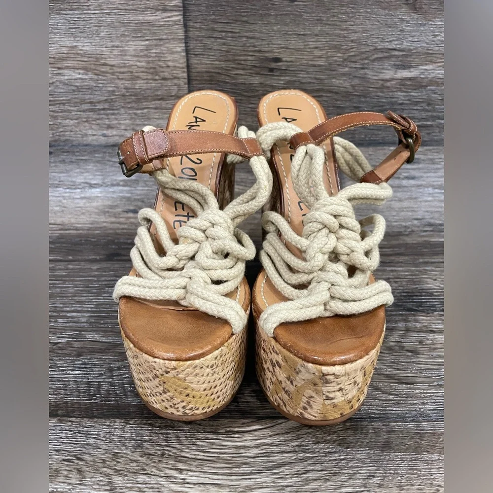 Lanvin 2012 Ete Sandals Rope Snake Print Cork Platform‎ Wedge Open Toe Brown 37